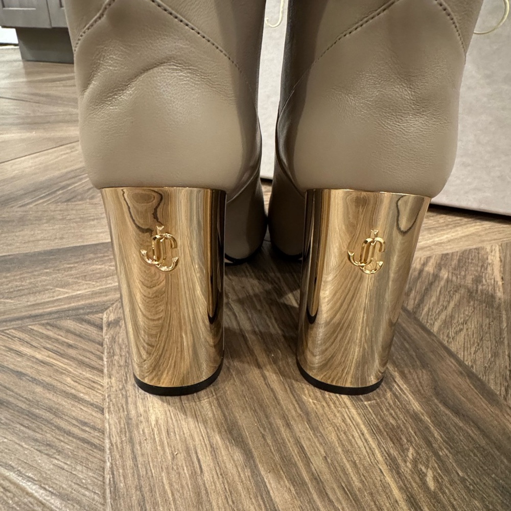 Jimmy Choo Rydea Cream Heeled Boots with Gold Accents - Picture 6 of 10